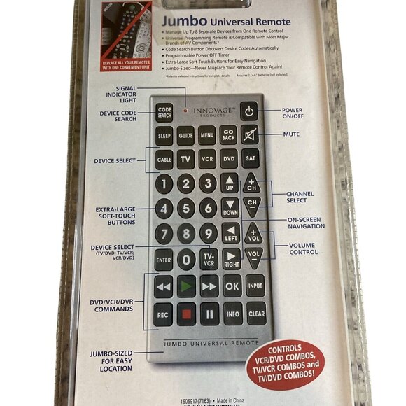 Innovage Jumbo Universal Remote Control  V DVD VCR Satellites Oversized Buttons - Picture 4 of 5
